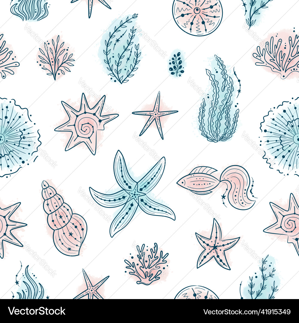 Seamless pattern with seashells seaweed fish Vector Image