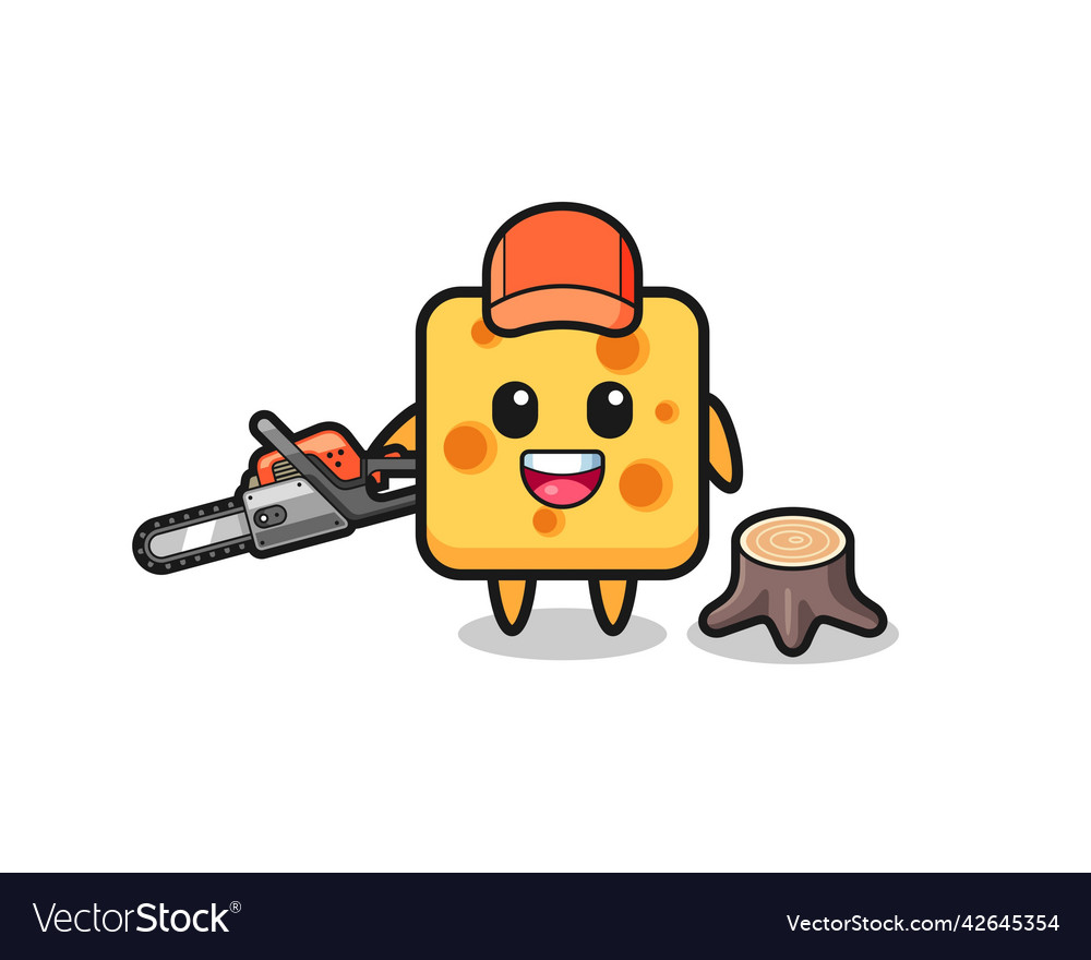 Cheese lumberjack character holding a chainsaw