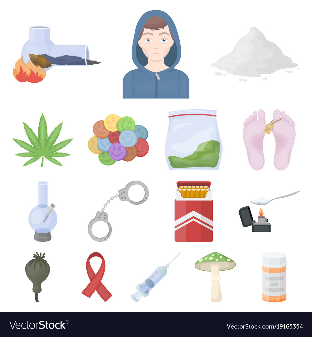 Drug addiction and attributes cartoon icons in set