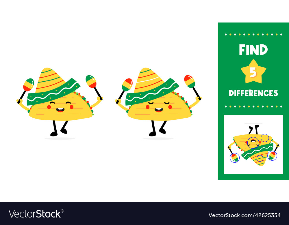 Find 5 differences in two taco characters game vector image Find 5 differences in two taco characters game