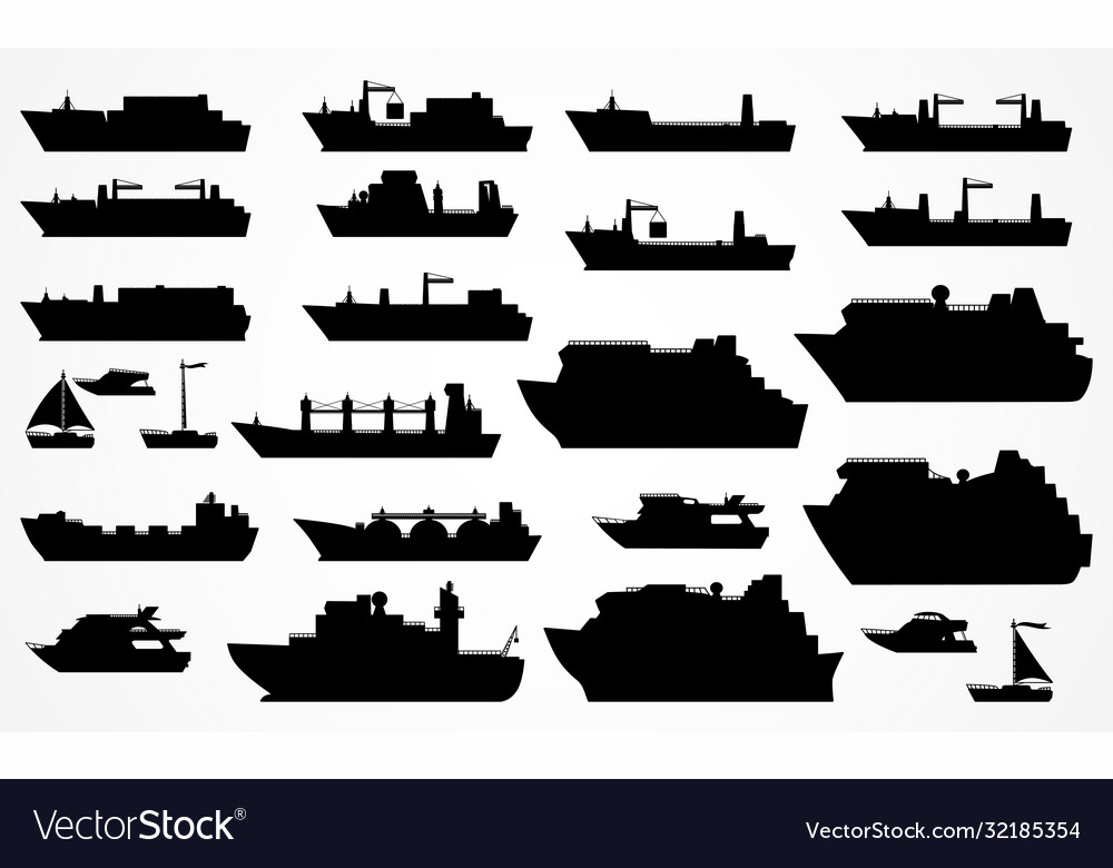 Set black silhouettes different ships Royalty Free Vector