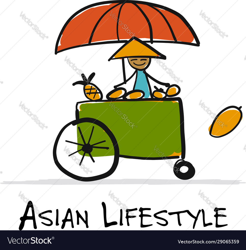 Asian retail seller on street market sketch