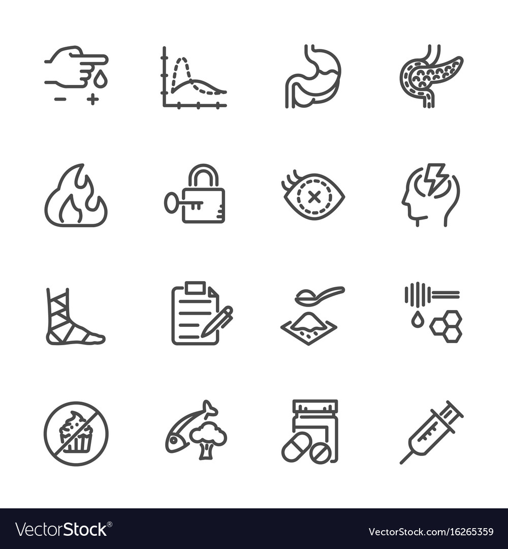 Diabetes icons set line icons Royalty Free Vector Image