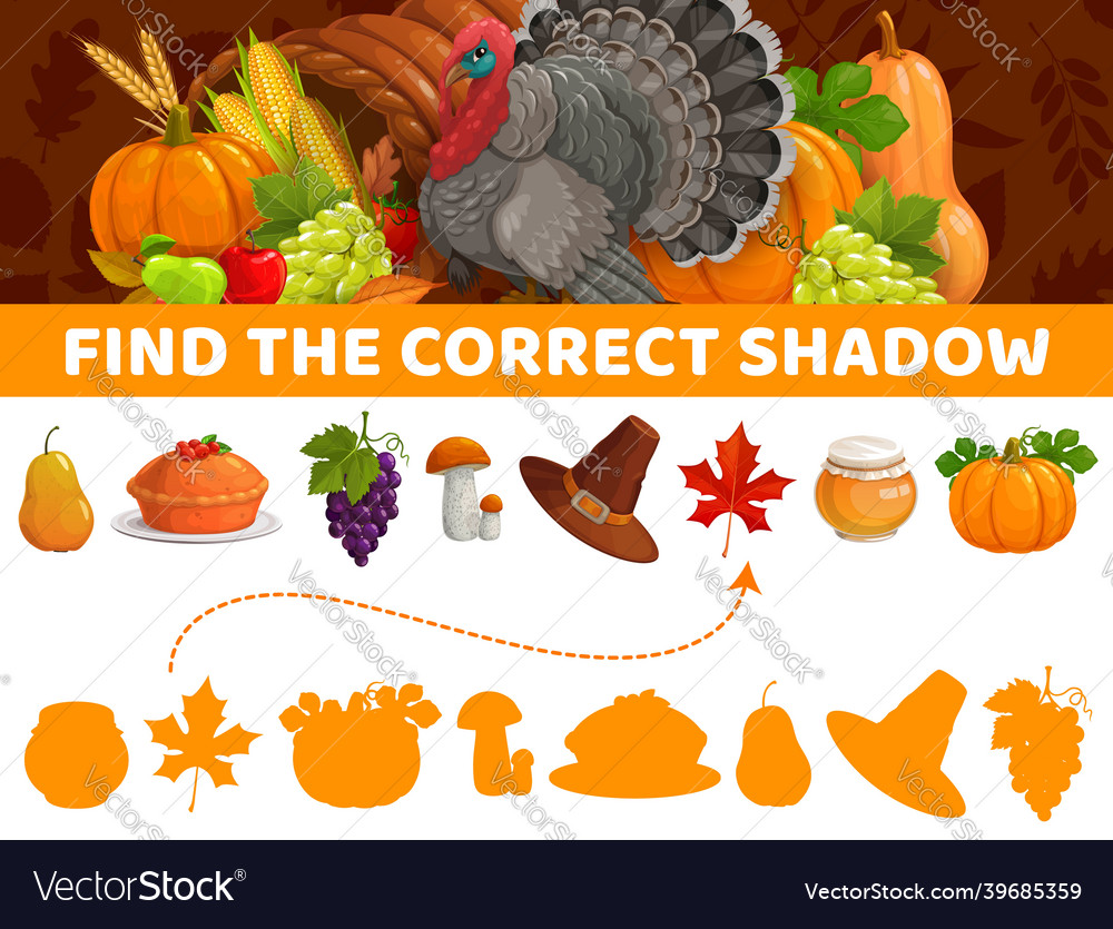 Find correct shadow thanksgiving autumn kids game vector image Find correct shadow thanksgiving autumn kids game