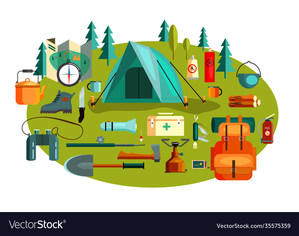 Set camping tools and equipment Royalty Free Vector Image