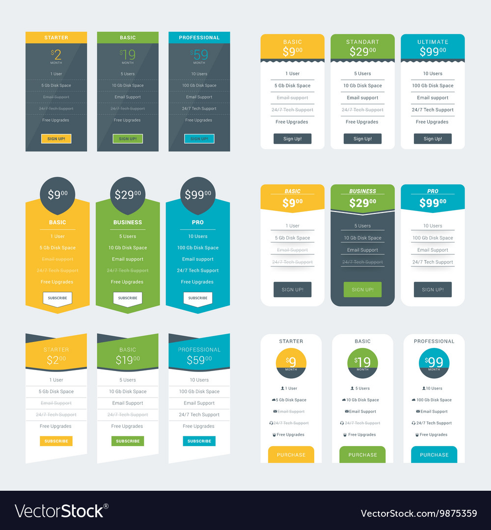 set of pricing table design templates for websites pricing table templates