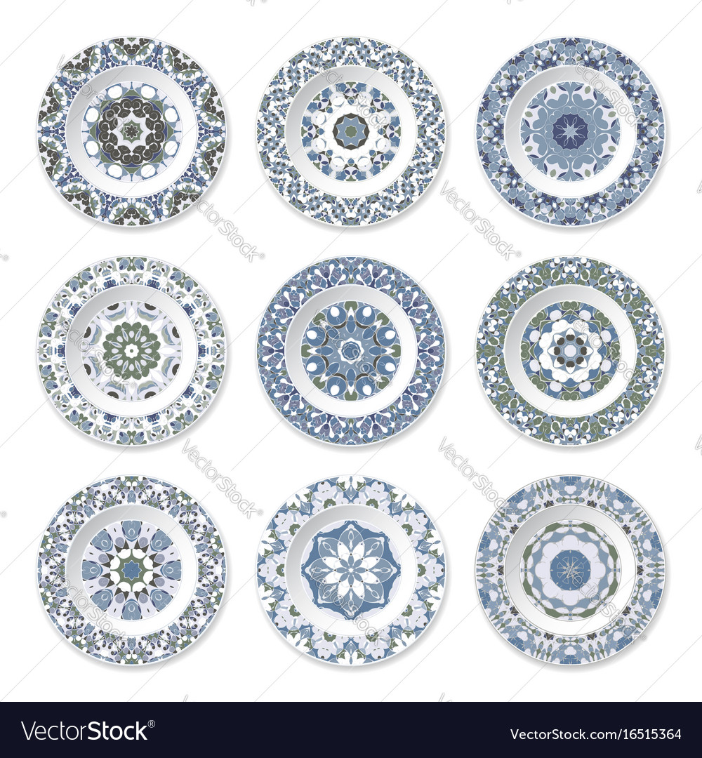 Set of decorative plates with a circular blue