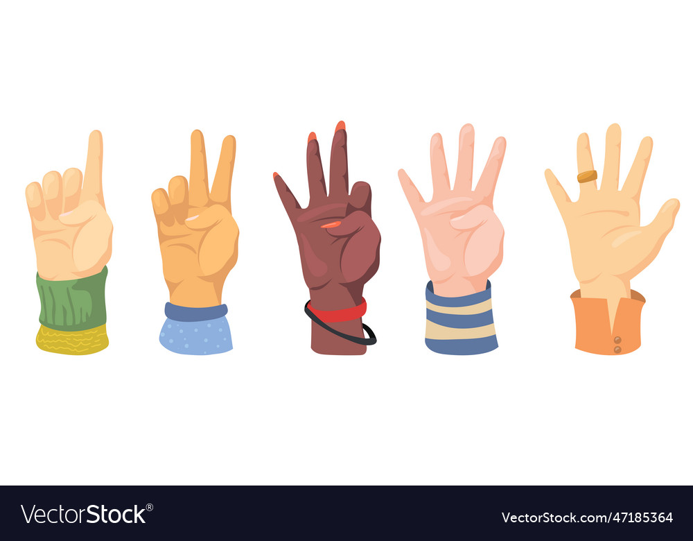 Set of different human hands counting on fingers