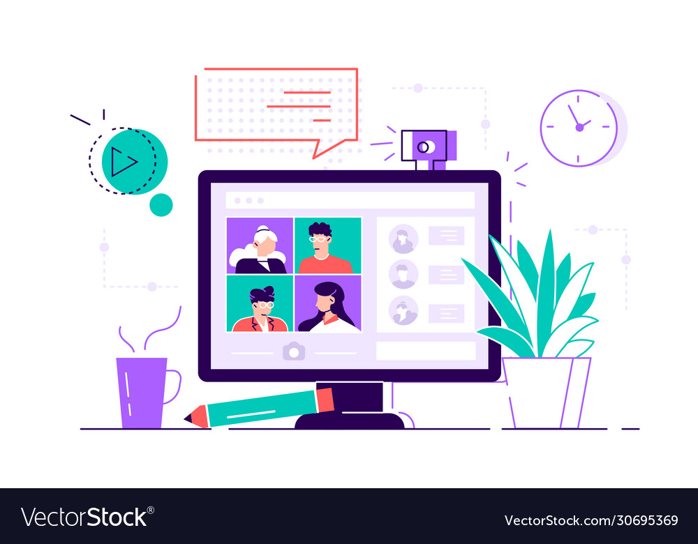 Desktop computer with group colleagues vector image Desktop computer with group colleagues