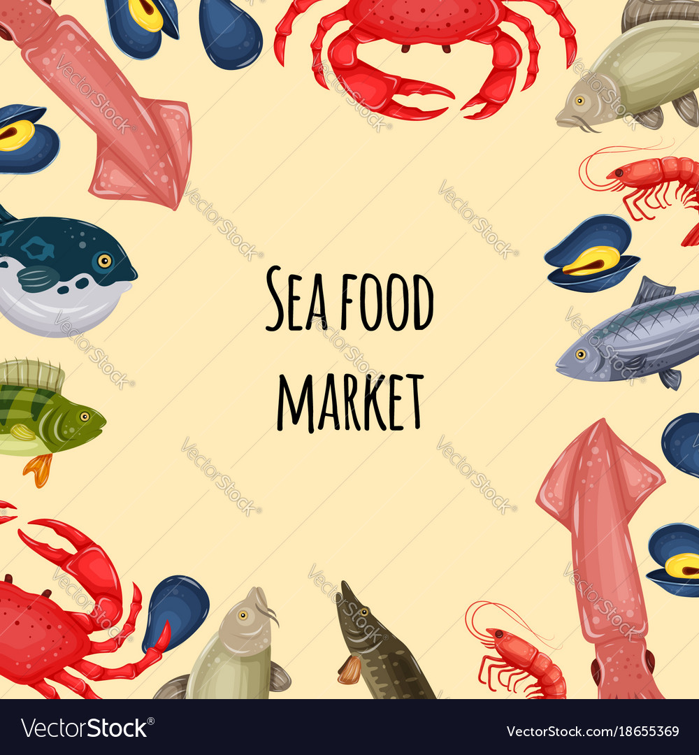 Seafood Banner Crab Fish Mussel And Shrimp Vector Image