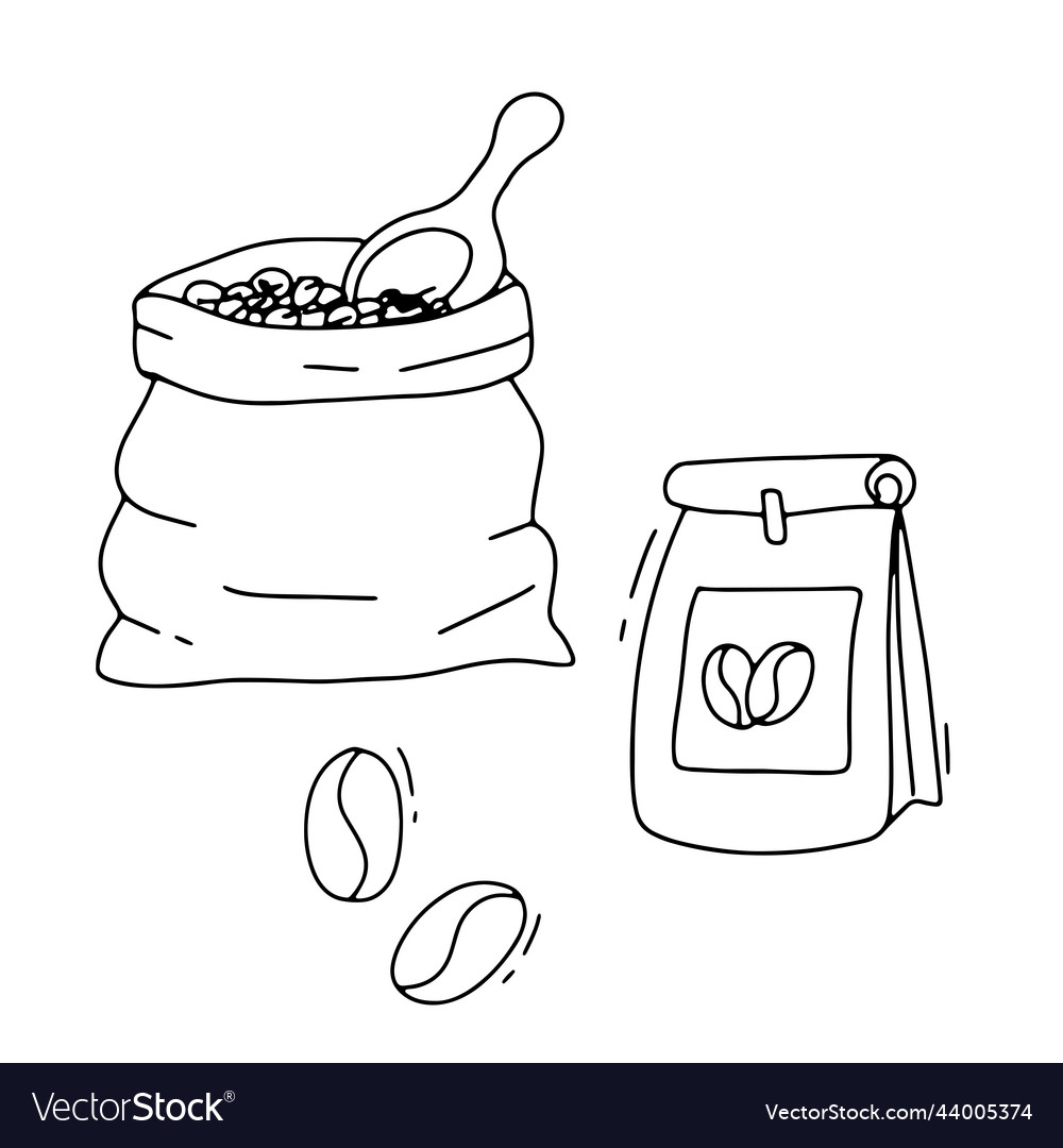 Doodle bag of coffee beans and spoon packaging Vector Image