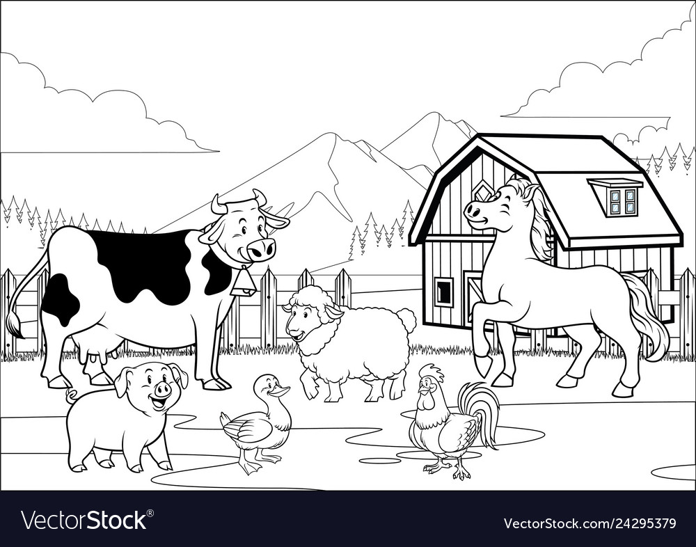 Black And White Coloring Page Happy Farm Animals Vector Image