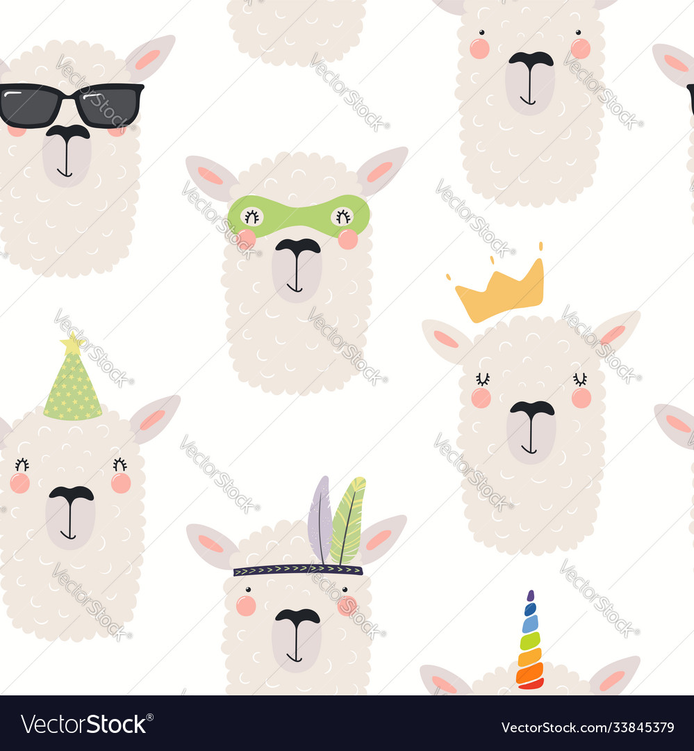 Cute llama faces seamless pattern