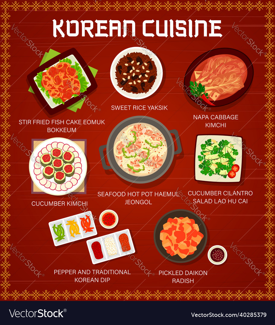Korean cuisine food menu korea asian dishes meals Vector Image