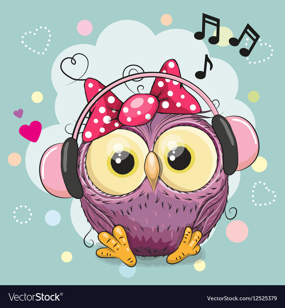 Owl girl with headphones and hearts