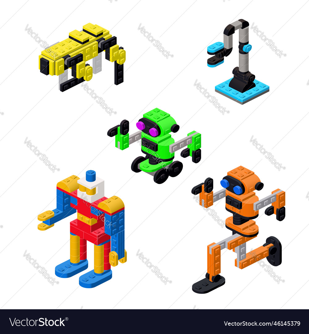 Set of robots assembled from plastic blocks vector image Set of robots assembled from plastic blocks