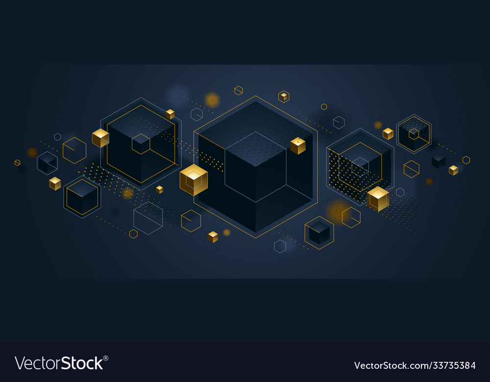 Cubes cluster with golden elements lines and dots vector image Cubes cluster with golden elements lines and dots