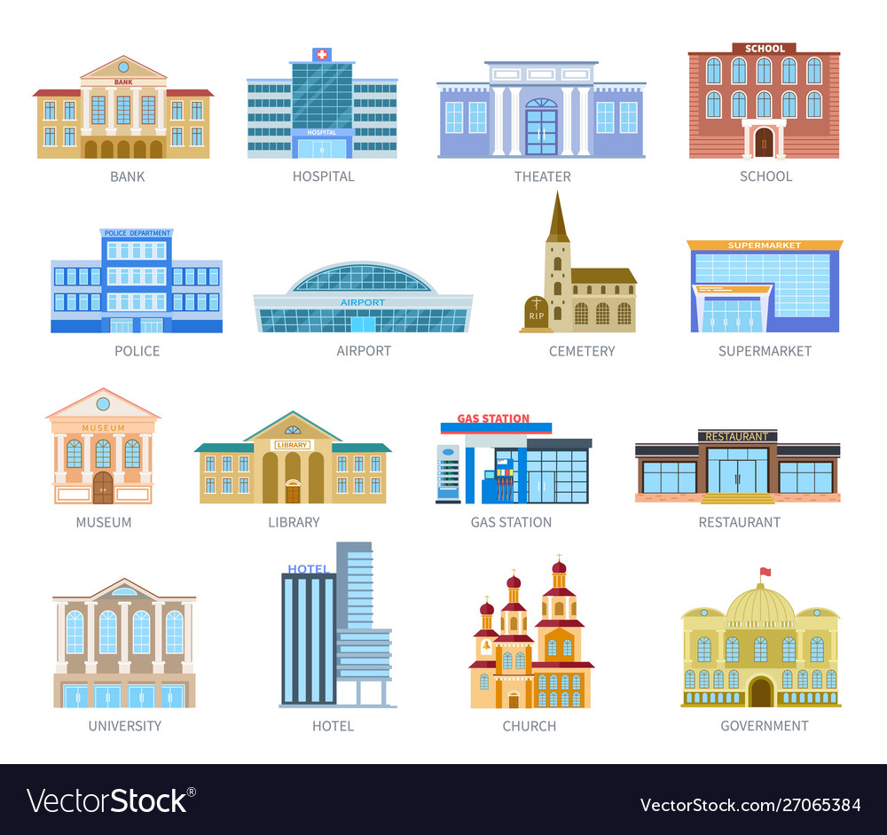 government-flat-houses-bank-hospital-school-vector-image