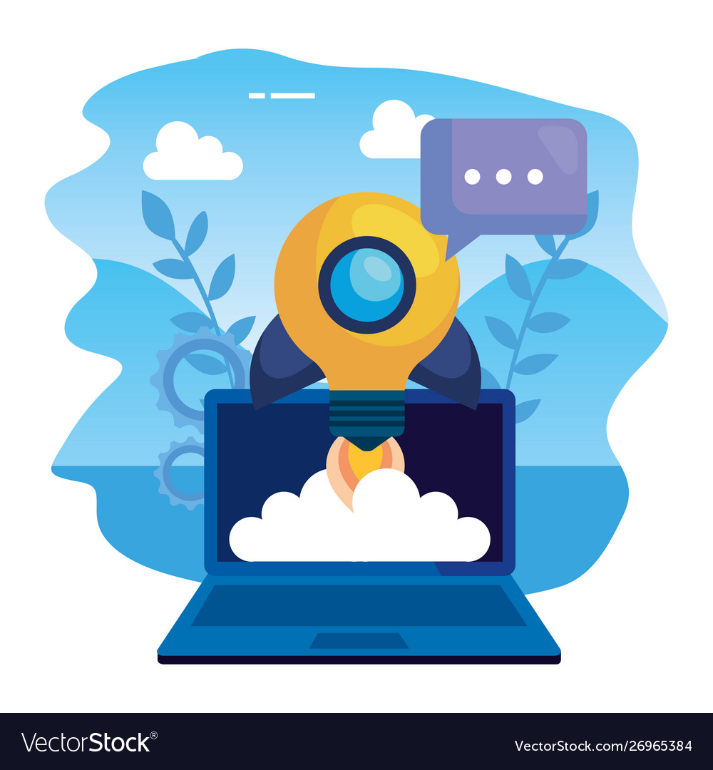 Laptop computer with rocket bulb and speech bubble