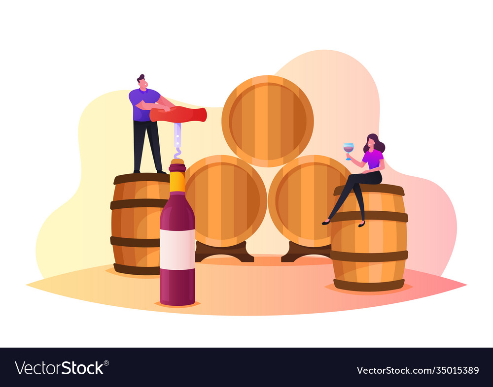 Characters drinking wine in vault tiny man open vector image Characters drinking wine in vault tiny man open