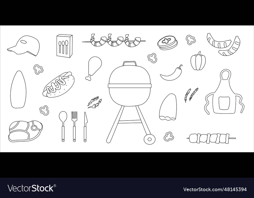 Bbq grill party line doodle elements set