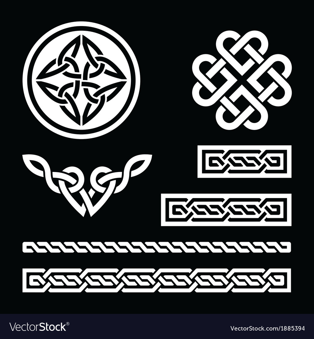 Celtic white knots braids and patterns on black Vector Image