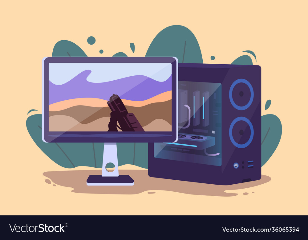 Desktop computer and display icons game vector image Desktop computer and display icons game