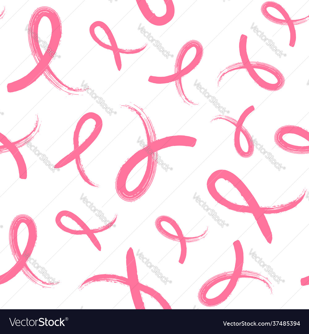 Seamless pattern with hand drawn pink ribbon