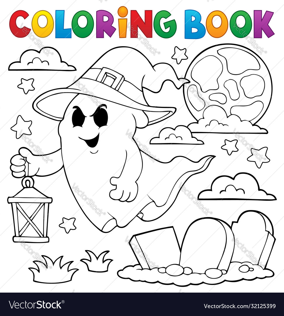 Coloring book ghost with hat and lantern