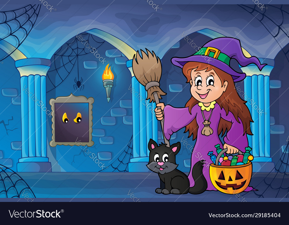 Cute witch and cat in haunted castle