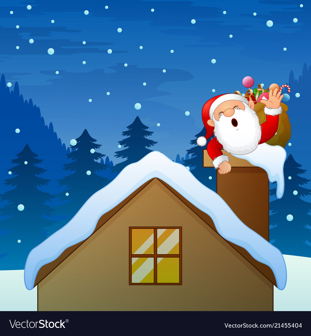 Santa claus waving hand in chimney house Vector Image