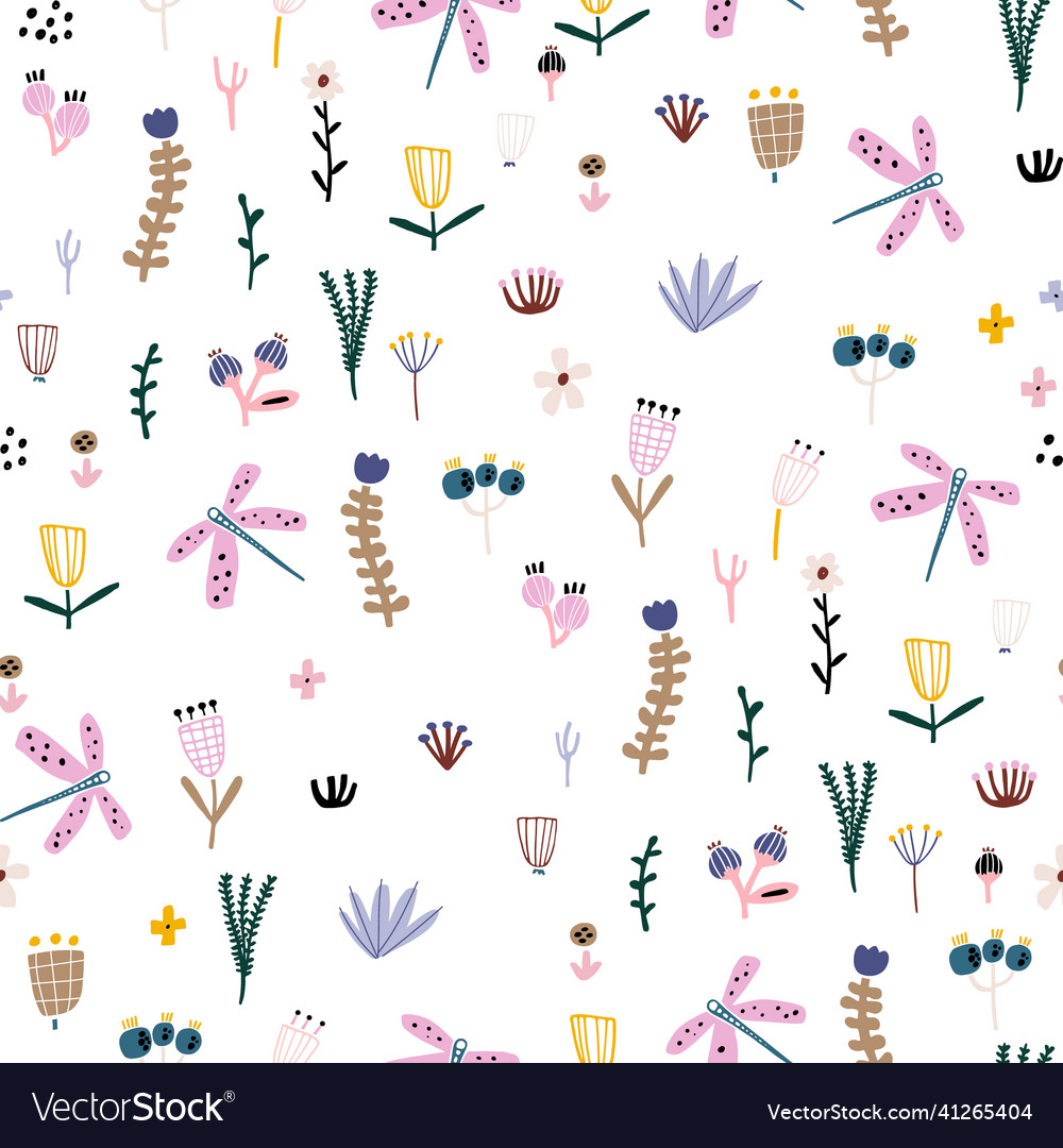 Seamless pastel floral pattern with dragonflies