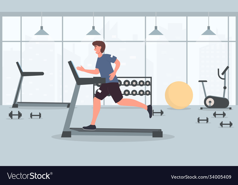 A young fit man runs on treadmill in gym Vector Image