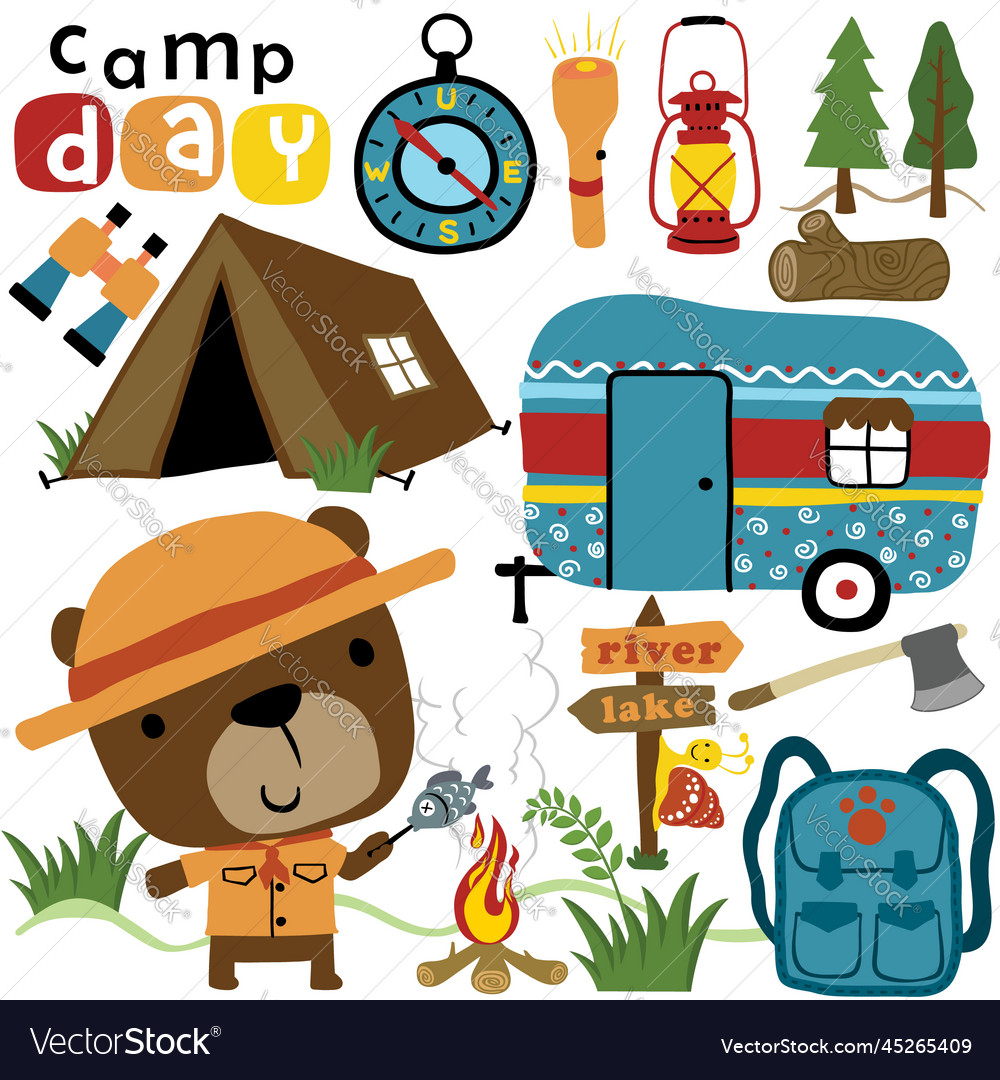 Cartoon of camping elements with cute bear Vector Image