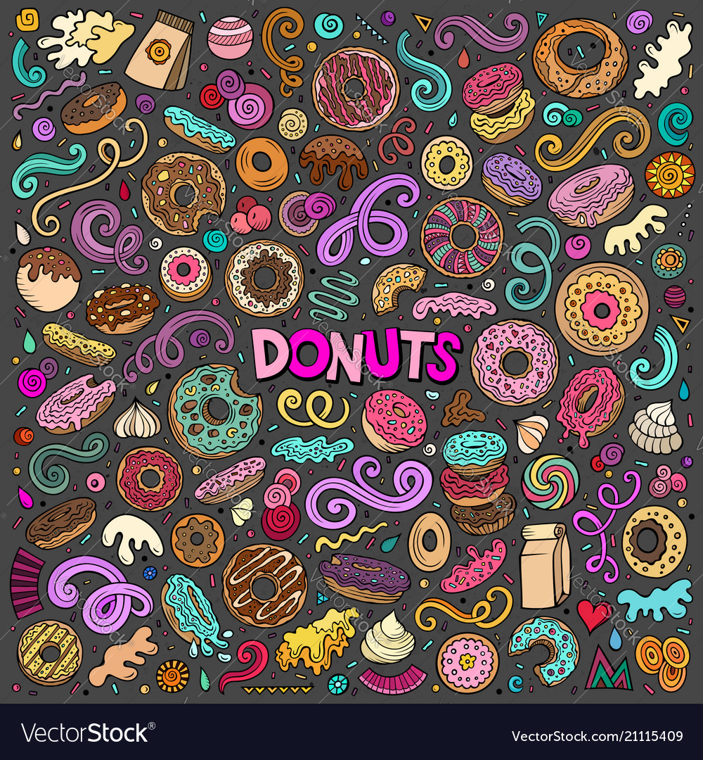 Cartoon set of donuts objects and symbols vector image Cartoon set of donuts objects and symbols