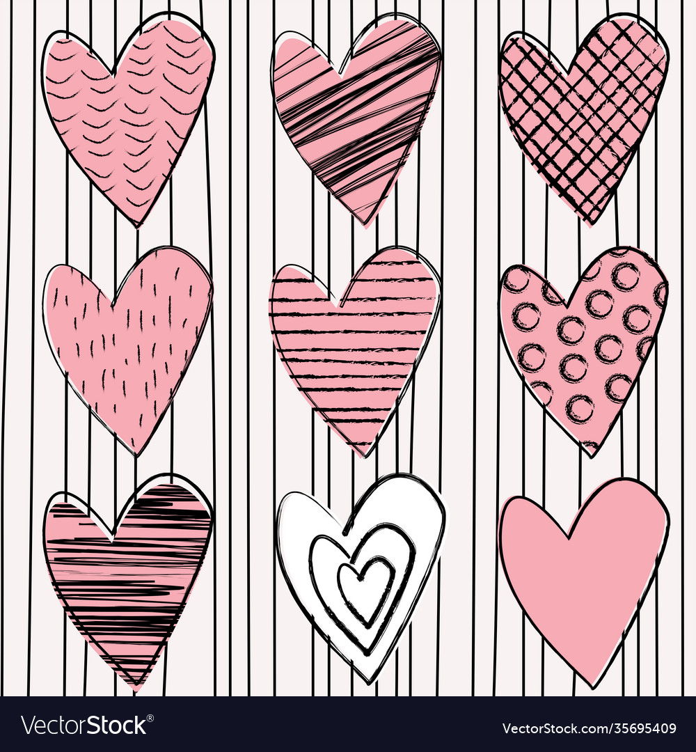 Set doodle hearts on striped background