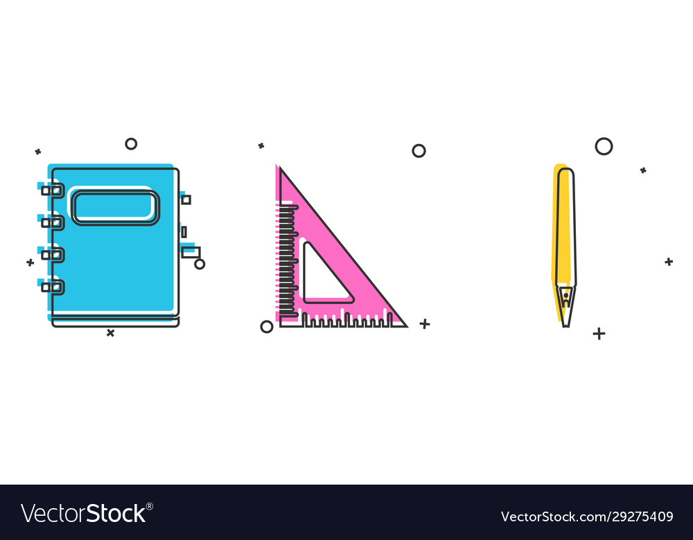 Set notebook triangular ruler and pen icon vector image Set notebook triangular ruler and pen icon