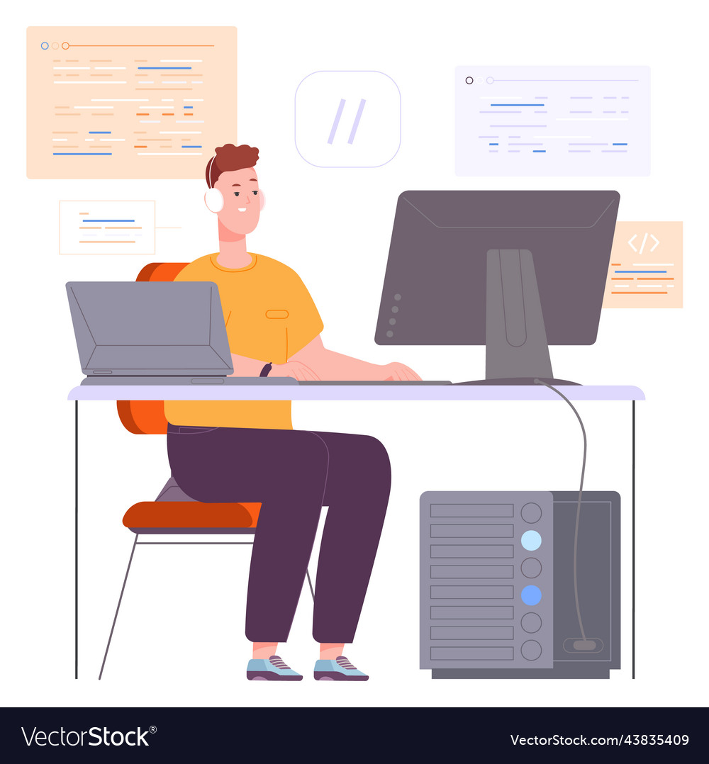 Software development process man working vector image Software development process man working
