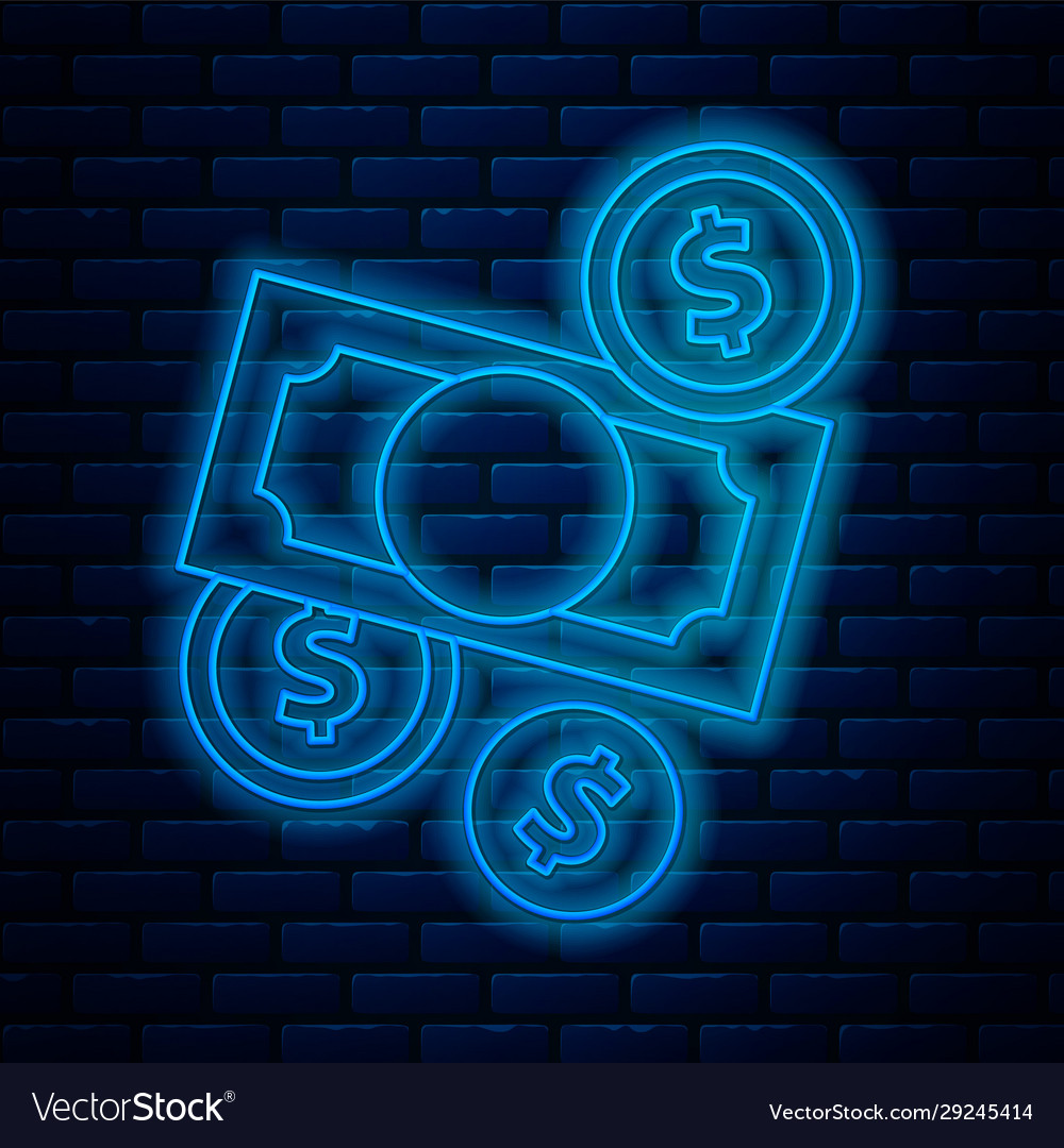 Glowing neon line stacks paper money cash and coin