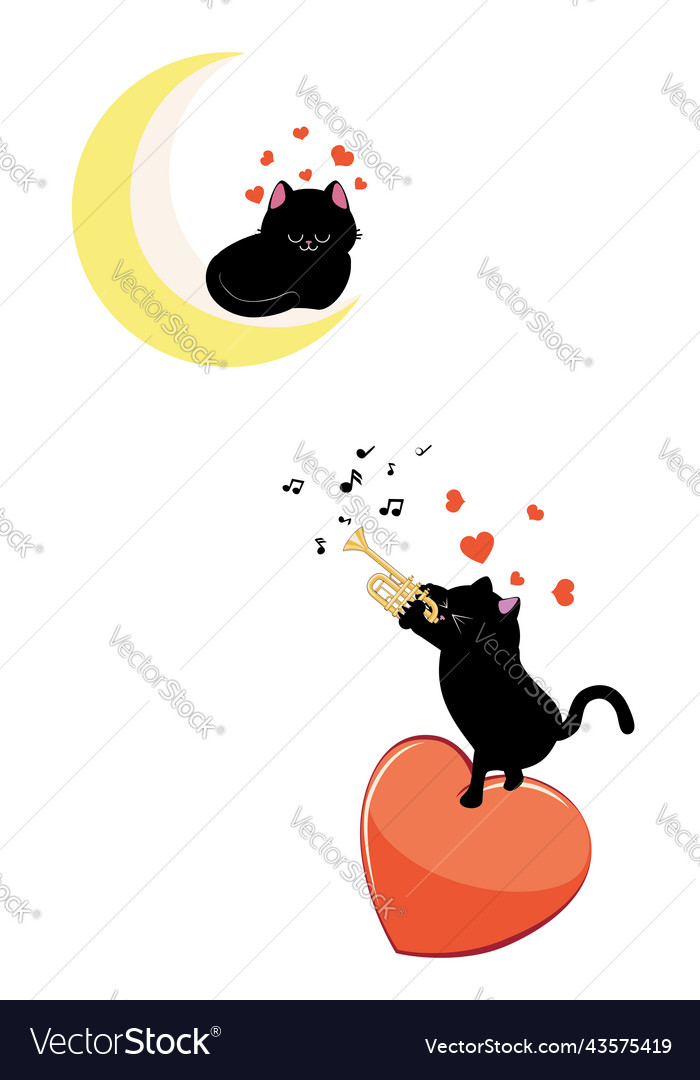 Black cat play trumpet for on moon Royalty Free Vector Image