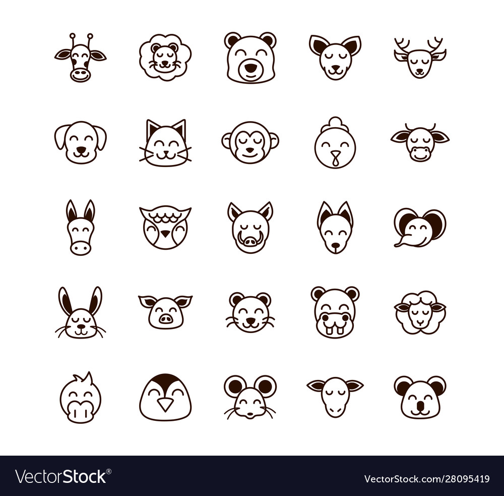 Cute face animals cartoon icons set thick line