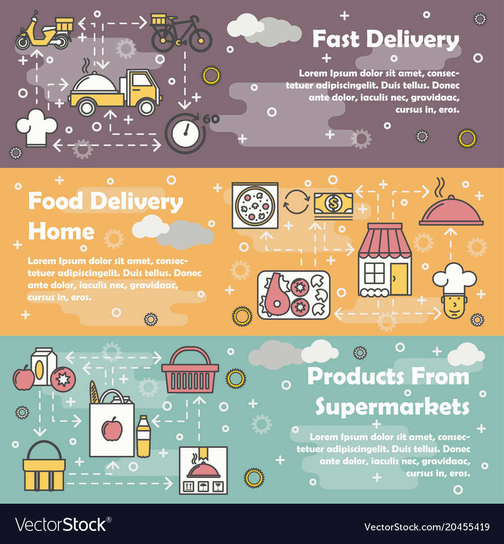 Food delivery flat line art banner set