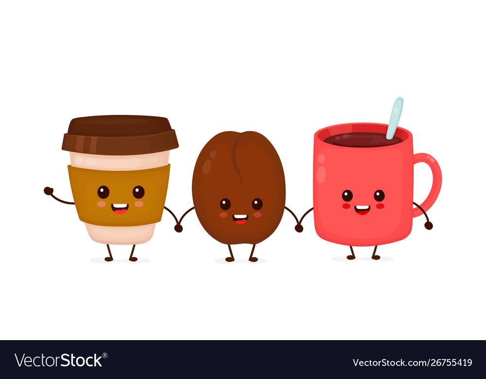 Hy Cute Smiling Coffee Bean And Cups Vector Image Coffee Bean And Cups Vector Image