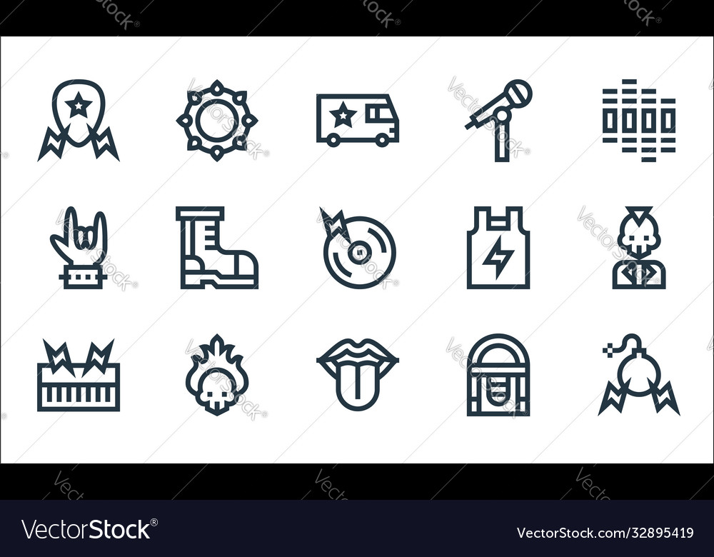 Rock and roll line icons linear set quality vector image Rock and roll line icons linear set quality