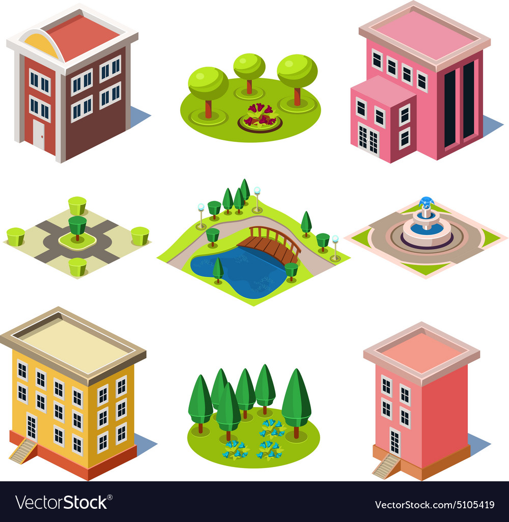 Set Of The Isometric City Buildings And Shops Vector Image