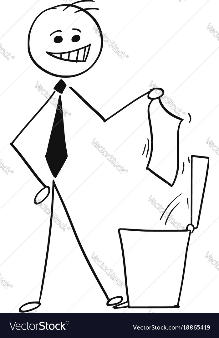 Smiling businessman throwing paper in trash can Vector Image