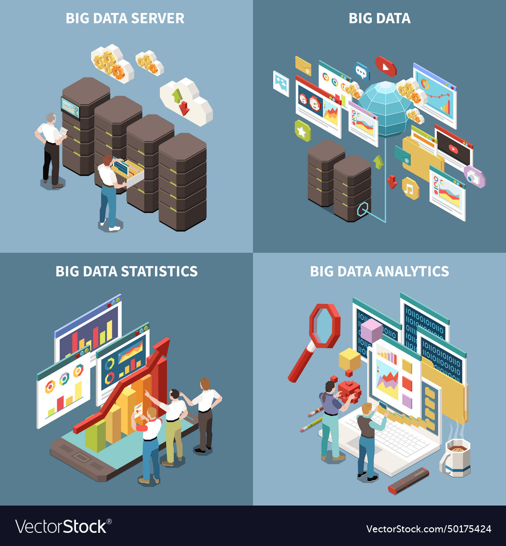 Big data analytics isometric icon set