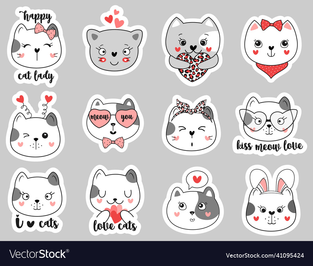 Cute doodle cat stickers set Royalty Free Vector Image