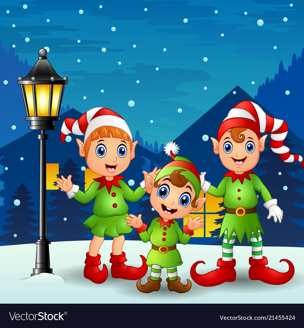 Cute little kid elves with snowfall falling at nig