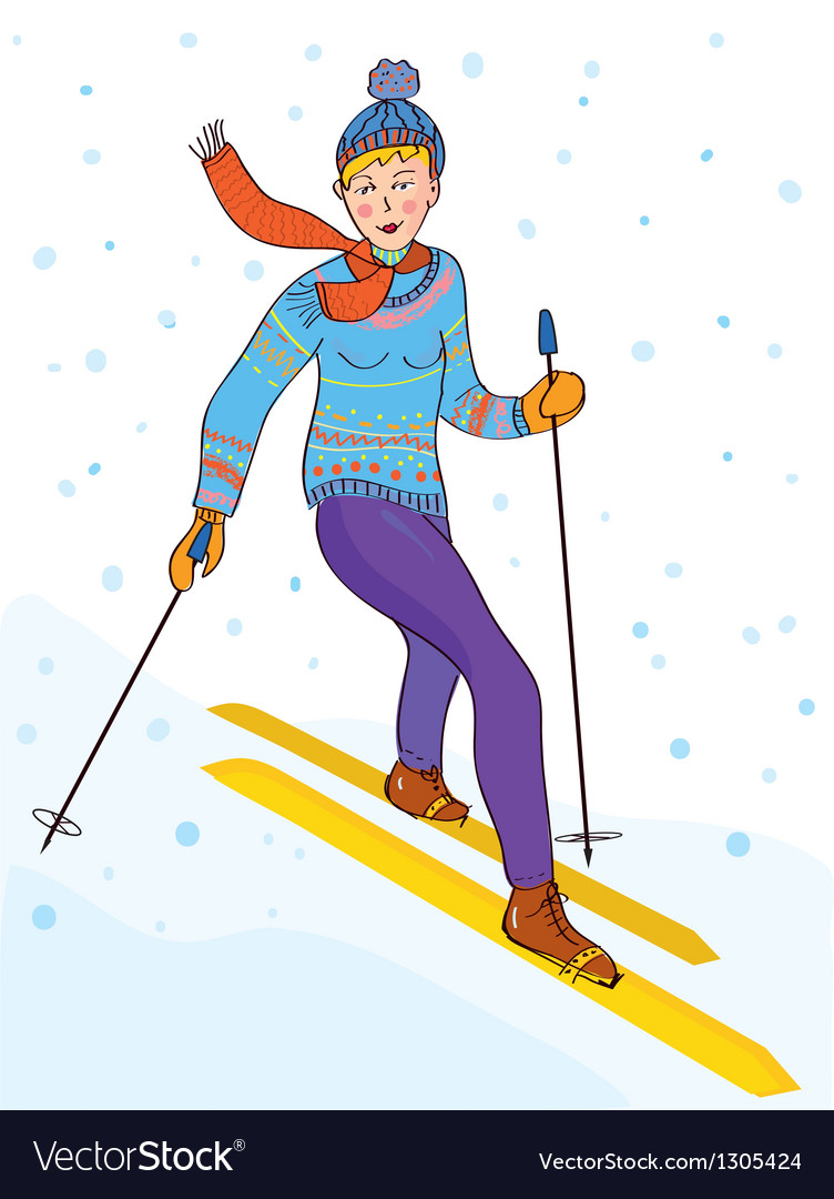 Ski girl funny retro Royalty Free Vector Image